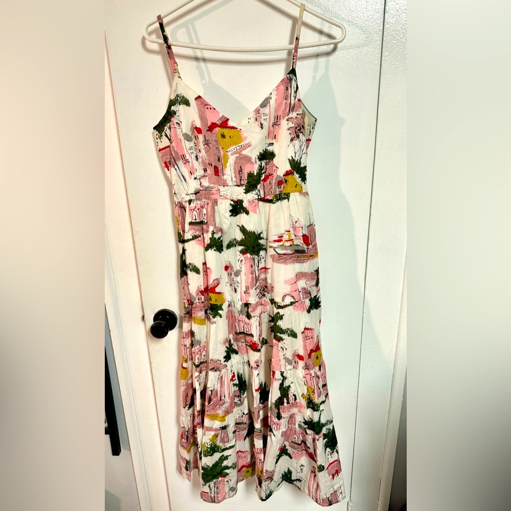 Anthropologie LAZYBONES Tiered CITYSCAPE DRESS Sz XS $168 Retro MCM Print